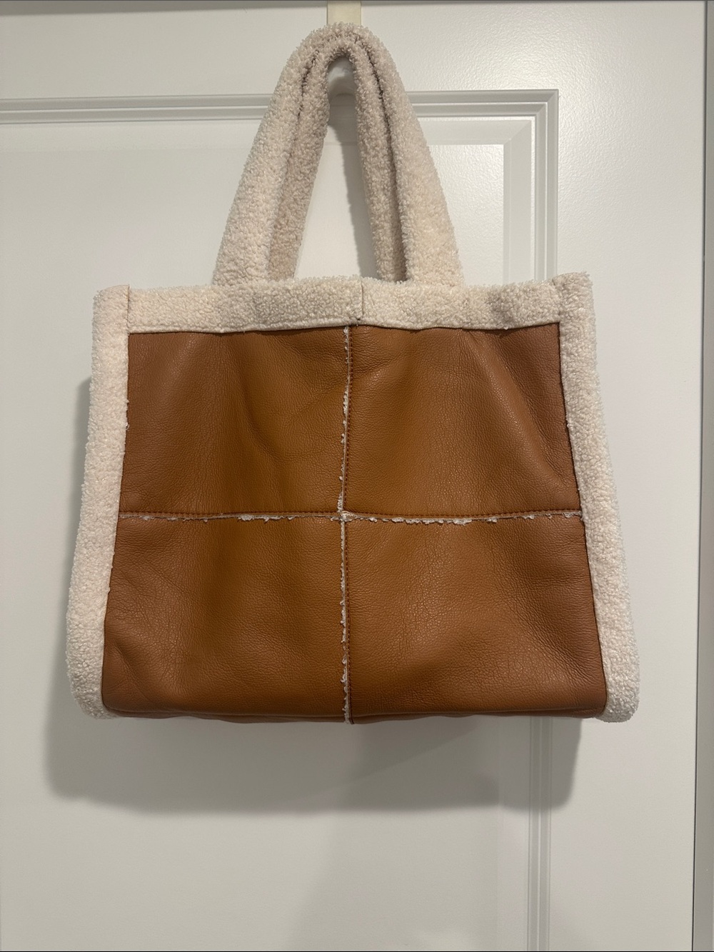 Plush-Trim Brown Faux Leather Tote Bag with NWOT Wallet
